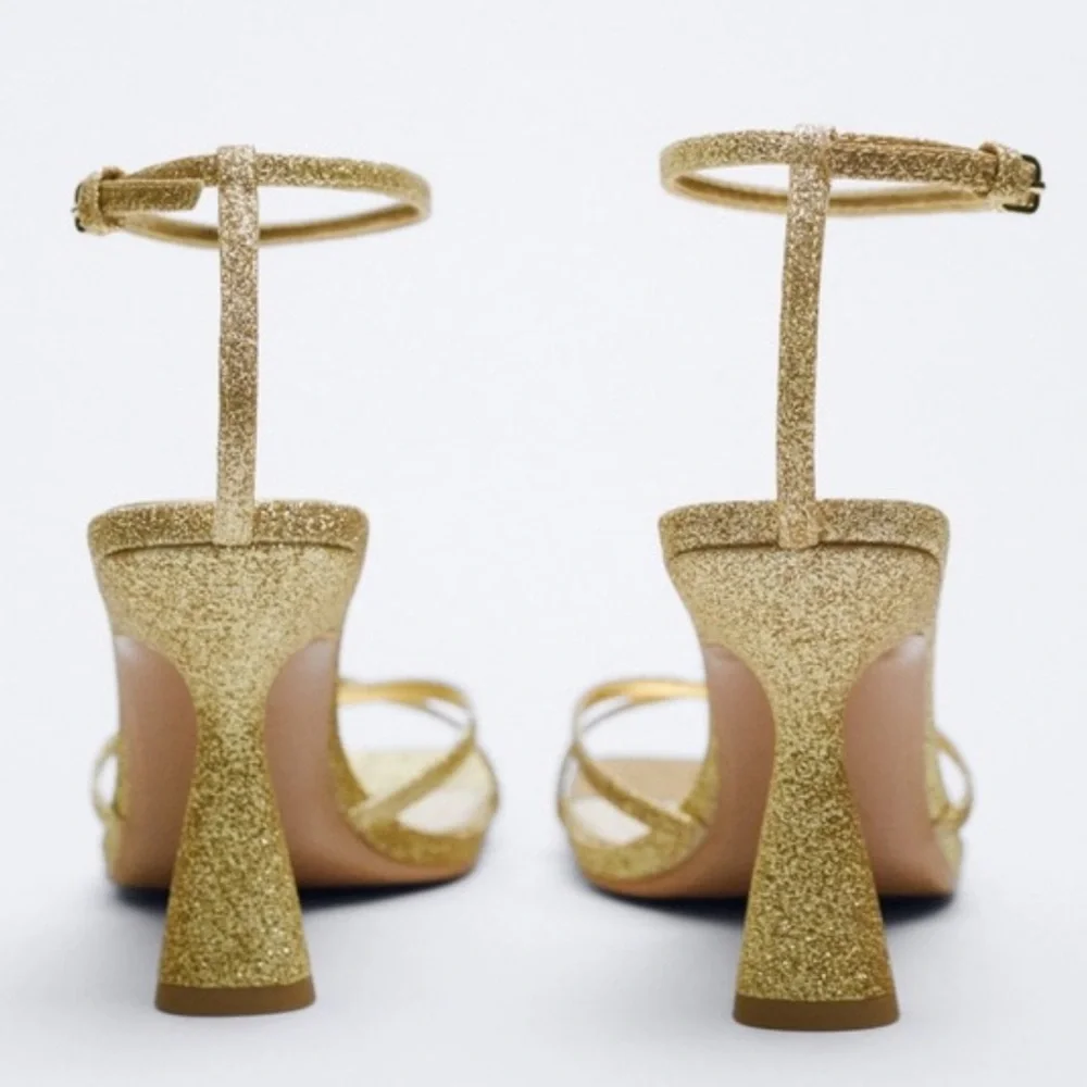 Zara Gold Strappy Glitter Heeled Sandals Size 6 - Picture 6 of 15